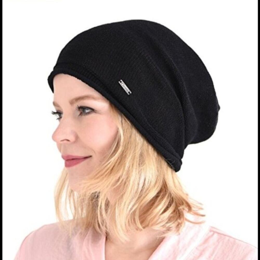 Jaxmonoy Cashmere Knit Beanie Womens Hat Black Slouchy Roll Brim